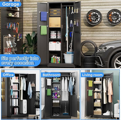 Broom Closet Storage Cabinet with 5 Pegboard, Hanging Rod &13 Hooks, Utility Metal Garage Storage Cabinets with Doors and 4 Shelves for Garage Home Storage, Black,71.5" H x 34" W x 17" D