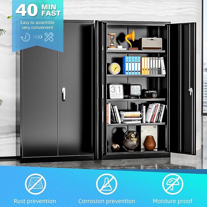 Bonusall Metal Cabinet,Garage Storage Cabinets with Door and Shelves, 72" H Tool Cabinet with 2 Lockable Doors, Locking Locker Cabinet for Home Office,Warehouse,School(Black)