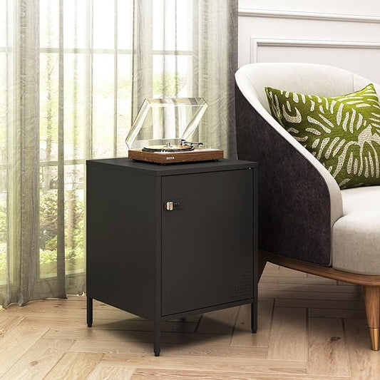 Metal Nightstand Single Door Locker Metal End Table Lockable Bedside Storage Cabinet for Living Room, Bedroom, Dorm, 21.26”H X 15.75”W X 15.75”D (1 Door, Black)