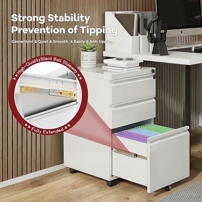 Bonusall Fully Assembled 3-Drawer Metal File Cabinet with Lock - Mobile Under Desk Filing Cabinet for Legal/Letter/A4 Size, Anti-Tilt Mechanism, Pre-Installed Office Storage, White