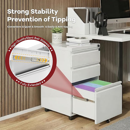 Bonusall Fully Assembled 3-Drawer Metal File Cabinet with Lock - Mobile Under Desk Filing Cabinet for Legal/Letter/A4 Size, Anti-Tilt Mechanism, Pre-Installed Office Storage, White