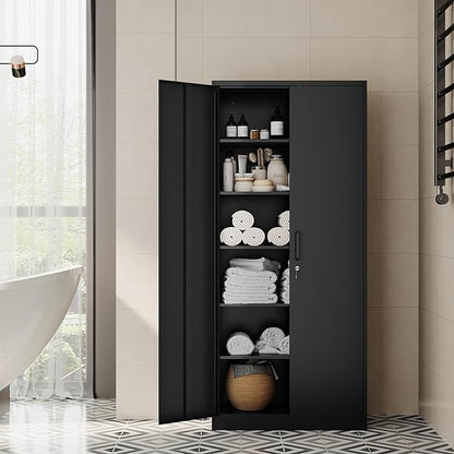Metal Storage Cabinet-72” Tall Steel File Cabinet with Lockable Doors and Adjustable Shelves-Black Steel Storage Cabinet for Home, School, Office, Garage