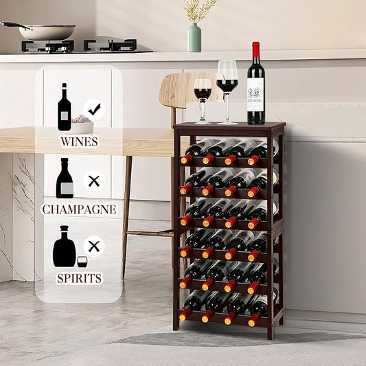 VASMIA Wine Rack Free Standing Floor, 6-Tier Display Wine Storage Shelves with Table Top, 24-Bottle Bamboo Wine Rack Shelf for Kitchen Bar Dining Room Living Room, Brown