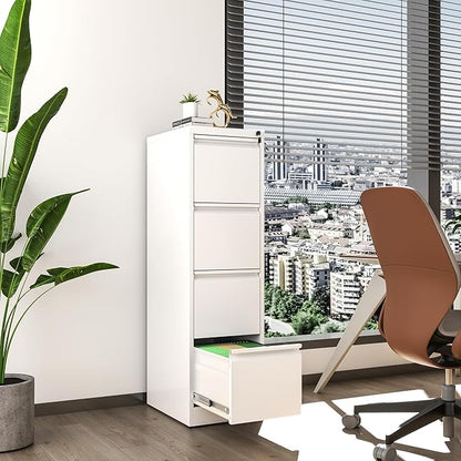 4 Drawer File Cabinet, Vertical File Cabinets with Lock for Home Office,Heavy Duty Office Steel Filing Cabinet for Hanging Letters/Legal/A4, Assembly Required (White)