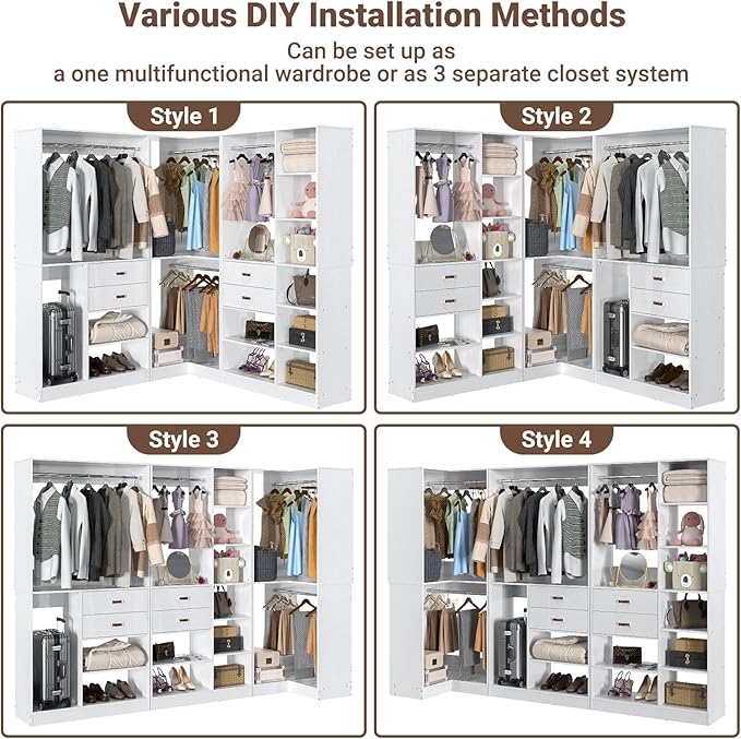 Armocity Freestanding Closet System with 3 Sets, 110'' Reversible Stand-alone Wardrobe, 80'' Height Cloth Garment Organizer, Walk-in Closet with Hanging Rod, 71"L x 71"W x 80"H, Load 2500 LBS, White