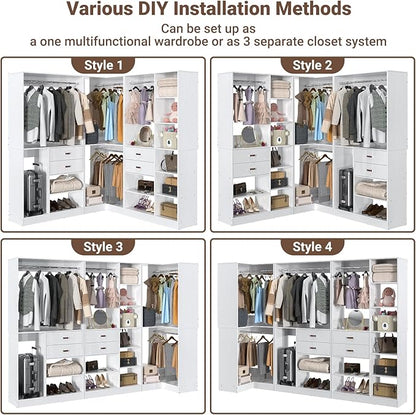 Armocity Freestanding Closet System with 3 Sets, 110'' Reversible Stand-alone Wardrobe, 80'' Height Cloth Garment Organizer, Walk-in Closet with Hanging Rod, 71"L x 71"W x 80"H, Load 2500 LBS, White