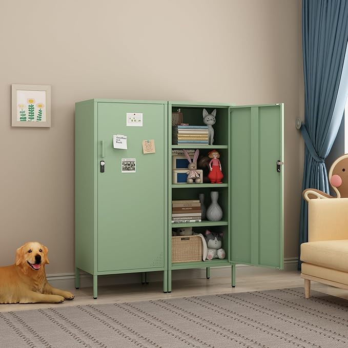 Metal Cabinet Lockable Filling Cabinet Bathroom Storage Cabinet with 4 Tier Adjustable Shelves Green Locker for Home, School, Office, Pantry H49.21'' (Green)