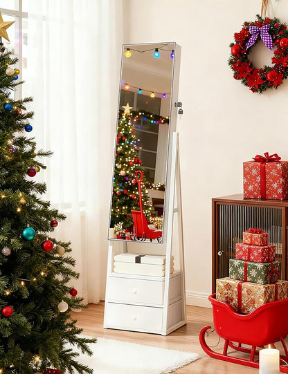 Nicetree Jewelry Cabinet Armoire with 2 Drawers, Lockable Standing Mirror Jewelry Cabinet, Full Length Mirror with Jewelry Storage, Christmas Gifts, White