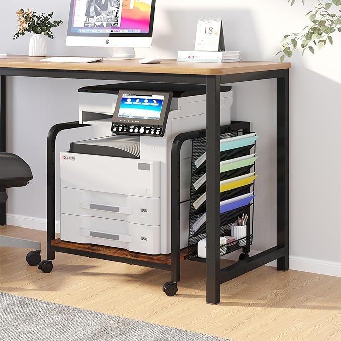 EasyCom 24"x20" Large Printer Stand with Hanging File Holder Organizer, Adjustable Height Shelf with Wheels, Under Desk Table with Storage for Printer Scanner Fax Home Office Use Rustic Brown