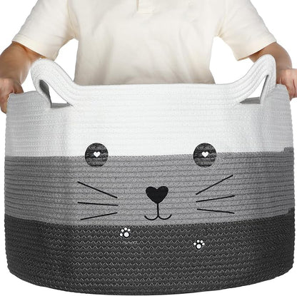Zopeal Cat Basket Storage Woven Organizer with Ears Easter Decorative Gift Pet Toy Cute Cotton Rope Basket for Gift Cat Dog Toy Bin Nursery Room(21.7 x 13.8 Inch,White, Light Gray and Gray)
