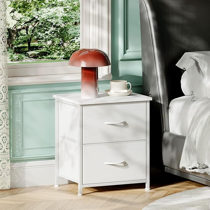 Somdot Nightstand Set of 2 with 2 Storage Drawers, Small Bedside Table End Table, Wooden Top Fabric Cabinet for Bedroom, Kids Closet, College Dorm, Entryway, White Leather