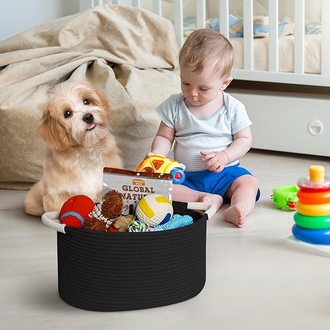 Woven Dog Toy Basket, 15.7"x11"x8" Cotton Rope Dog Toy Bin Box for Living Room, Decorative Cat Pet Supplies Puppy Bin with Handles, Soft Cat Toy Basket Organizer, Wicker Storage Holder, Black
