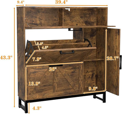 Betterhood Shoe Cabinet for Entryway with 2 Flip Drawers, Slim Freestanding Shoe Rack Organizer, Entryway Shoe Cabinet with Open Storage for Foyer and Hallway (Brown)