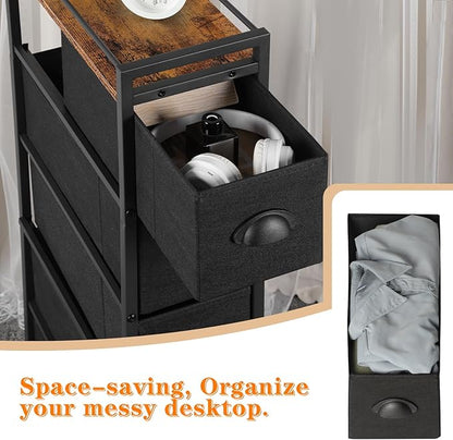 HAITRAL 5 Drawers Narrow Dresser, Fabric Drawer Storage Cabinet, Vertical Standing Storage Chest, Gaps Organizer with Removable Drawers and Wooden top for Laundry, Living Room, Entryway (Black)