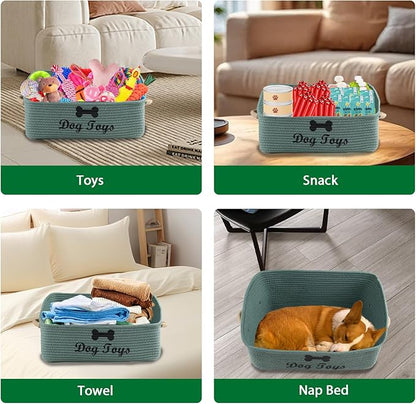 Dog Toy Basket-100% Cotton Rope Dog Toy Bin for Living Room Area-Trapezoid Pet Toys Box with Sturdy Handle-Puppy Bed-Dog Stuff Organizer for Toys,Collar,Leash,Blanket-Chew Proof -Green
