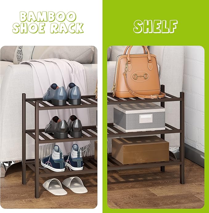 BMOSU 3-Tier Bamboo Shoe Rack Premium Stackable Shoe Shelf Storage Organizer for Hallway Closet Living Room Entryway Organizer (Brown Bamboo)