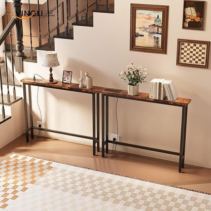 VINGLI 79" Console Table with Charging Station, 5.9" Narrow Sofa Table Set of 2, Entryway Table with Power Outlet & 4.9 Ft Extension Cord & Adjustable Feet, for Living Room, Hallway, Rustic Brown