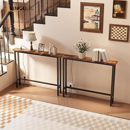 VINGLI 79" Console Table with Charging Station, 5.9" Narrow Sofa Table Set of 2, Entryway Table with Power Outlet & 4.9 Ft Extension Cord & Adjustable Feet, for Living Room, Hallway, Rustic Brown