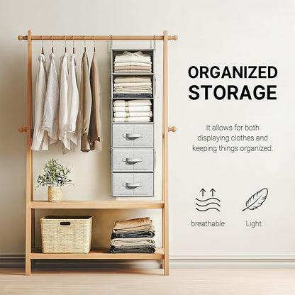 6-Shelf Hanging Closet Organizer with 3 Drawers, 6-Shelf Inseparable Closet Organizers and Storage for Wardrobe Organization, Hanging Dresser for Nursury & Dorm Clothes Organizer, Silver Gray