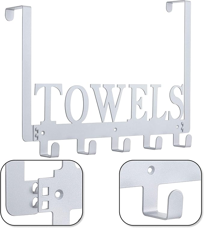 Over The Door Hooks, Towel Hooks for Bathroom, Towel Rack Towel Holder for Bathroom Bedroom Kitchen Pool Beach Towels Bathrobe Wall Mount Hang on The Door Cabinet Cupboard (Silver Grey)