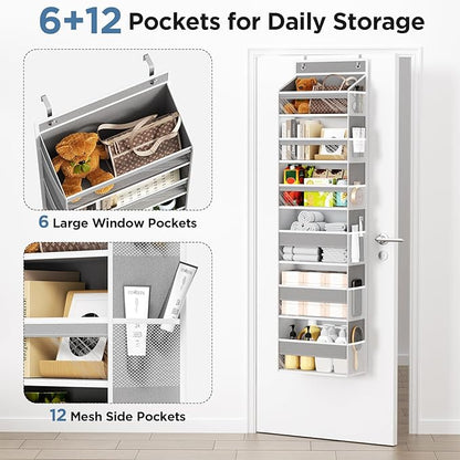 Over The Door Organizer, 6 Shelf Door Hanging Organizers with 6 Large Capacity Pockets, Behind Door Storage Hanging Shelves for Closet Wall Bathroom Bedroom Nursery
