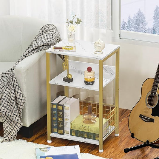 LELELINKY Side Table,White Marble Night Stand with Golden Metal Frame,3 Tier Industrial Wooden Record Player Stand with Vinyl Storage Shelf ,End Tables for Living Room Bedroom Small Spaces