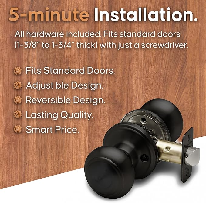 Copper Creek Colonial Passage Interior Door Knob – ANSI Grade-3 Certified, Modern Heavy Duty Handle, Easy Install and Reversible for Bedroom, Bathroom and Closets – Matte Black (1 Pack)