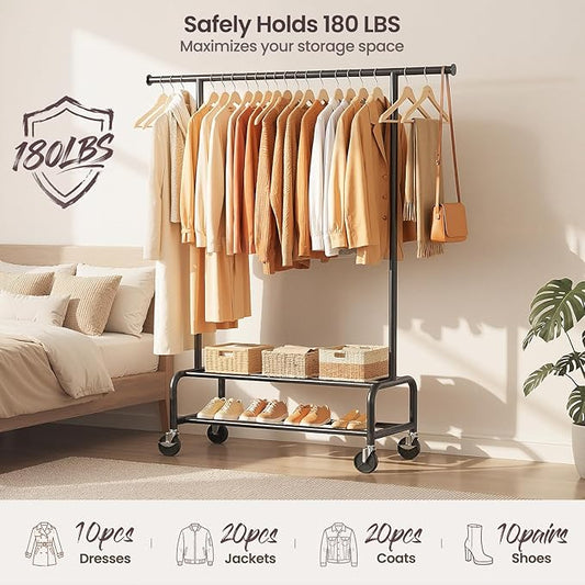 Clothes Rack for Hanging Clothes, Portable Clothing Rack with Wheels Sturdy Garment Organizer Metal Portable Wardrobe Closet with Double Shelves for Bedroom Laundry Living Room, Black