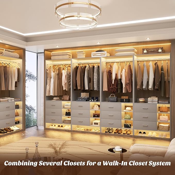 Aheaplus Closet System with 3 Drawers and Shelves, 29.6’’ Closet Organizer, 2.5FT Wood Closet Organizer System, Walk-in Closet or Small Closets Wardrobe, Clothes Rack with Hanging Rods,-E3, Grey