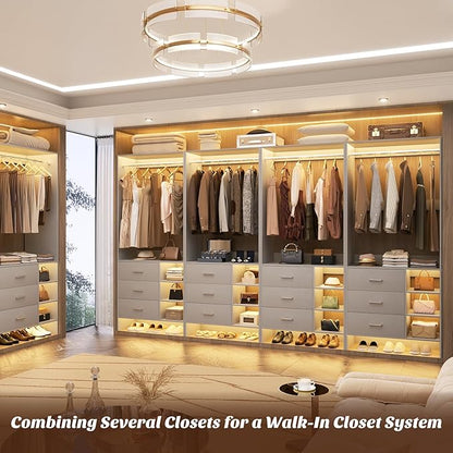 Aheaplus Closet System with 3 Drawers and Shelves, 29.6’’ Closet Organizer, 2.5FT Wood Closet Organizer System, Walk-in Closet or Small Closets Wardrobe, Clothes Rack with Hanging Rods,-E3, Grey