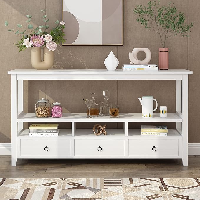 VINGLI 58" Console Table, Long Entryway Table with 3 Drawers & 2 Storage Shelves, Vintage Sofa Table Behind Couch, TV Stands for Living Room, Entryway, Hallway, Foyer, Office, White