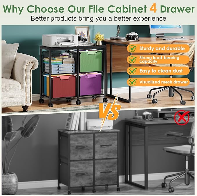4 Drawer Lateral File Cabinet, Mobile Filing Cabinet, Printer Stand with Wheels Under Desk Storage Office Storage Cabinet Fits Letter Size for Home Office, Black