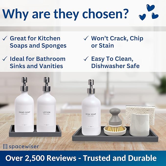 Countertop and Vanity Tray - 2 PC (11” and 7”) Shatterproof Silicone Kitchen and Bathroom Trays for Counter, Kitchen Soap Dispenser Tray, Vanity Trays for Bathroom, Perfume Key Tray
