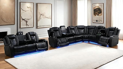 Leather Living Room Furniture Set, Black Power Recliner Sectional Sofa Set with LED, Power Recliner Sofa Couch and 3-Seated Couch Sets with Storage Console/Breathing Leather forHome/Office