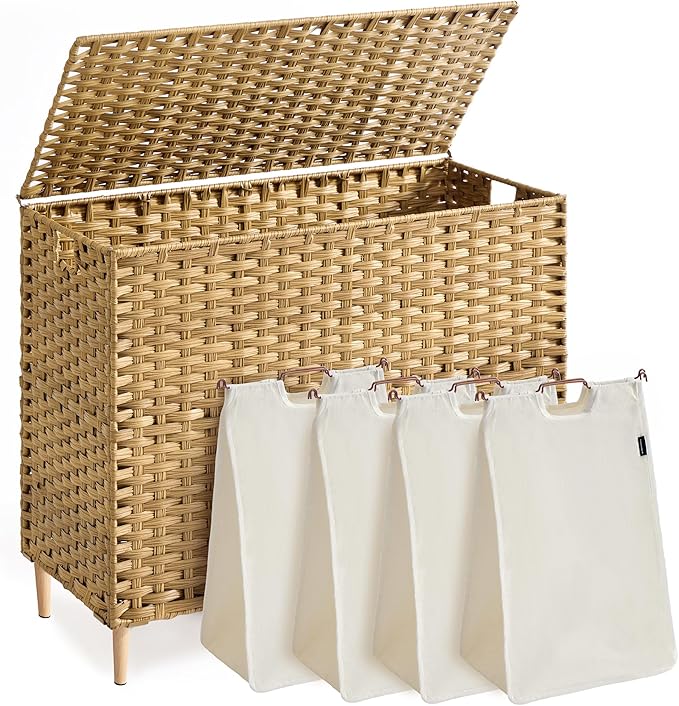 SONGMICS 4-Section Laundry Hamper with Lid, 55.4 Gal (210L) PE Rattan Laundry Basket with Removable Washable Liners, for Bedroom & Living Room, Goose Yellow ULCB224YE01