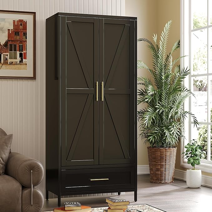Aobabo Metal Wardrobe Cabinet with 1 Drawer, 71" H Metal Wardrobe Closet with 1 Adjustable Shelf and Hanging Rod for Home, Laundry Room, Bedroom, Black,Installation Required,