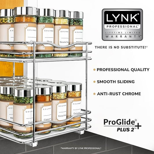 LYNK PROFESSIONAL® Pull Out Spice Rack Organizer for Inside Kitchen Cabinets - 8-3/8 inch Wide - Slide Out Drawer – Chrome Sliding Spice Organization for cabinet - Spice Racks - 2 Tier