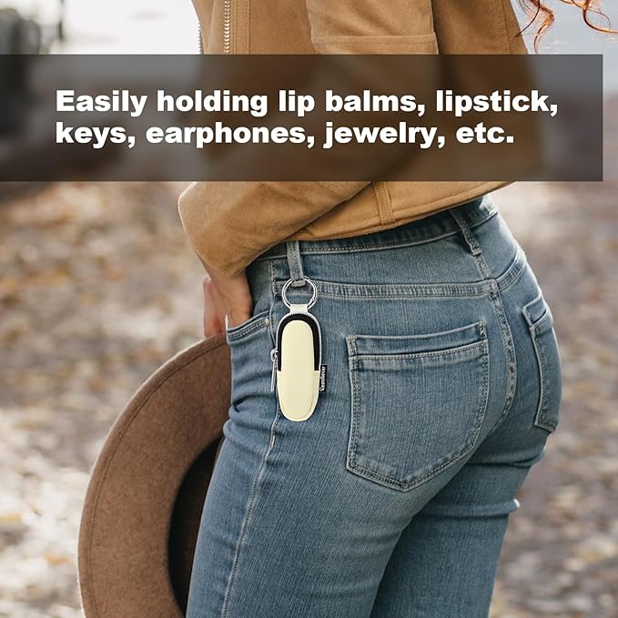 Portable Lip Balm Organizer Case with Keychain, Travel Chapstick Holder Storage Bag, Waterproof Small Cosmetic Organizer, Anti-Lost Lipstick Lip Gloss Sleeve Pouch Keeper Case (Beige, Small)