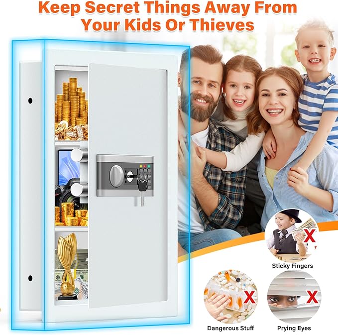 25.6" Tall Fireproof Wall Safes Between the Studs 16" Centers, Hidden Wall Safe with 2 Removable Shelf & Hidden Tray, Heavy Duty Wall Mount Safe for Money, Jewelry, Passport, Valuables(White)