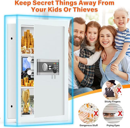 25.6" Tall Fireproof Wall Safes Between the Studs 16" Centers, Hidden Wall Safe with 2 Removable Shelf & Hidden Tray, Heavy Duty Wall Mount Safe for Money, Jewelry, Passport, Valuables(White)