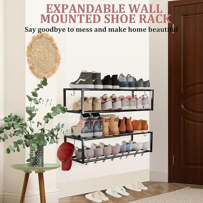 3 Pack Expandable Wall Mounted Shoe Rack, 17"-31" Adjustable Hanging Shoe Rack Holds 24 Pairs, Heavy Duty Metal Shoe Holder with 6 Storage Hooks, Space Saving for Entryway Closet Doorway（Black
