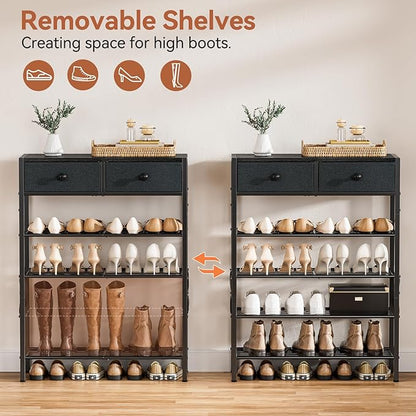 Shoe Rack for Entryway, 5 Tier Shoe Organizer with 2 Non-Woven Drawers, Metal Storage Shoe Shelf for 16-20 Pairs of Shoes, with Wooden Top and Steel Frame, Shoe Stand for Closet Black Grey