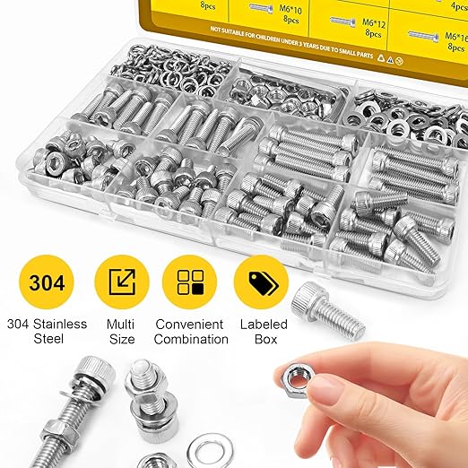 172pcs M6 Screws Assortment kit, M6x8/10/12/16/20/25/30/35 mm Hex Socket Head Bolts Assorted Kit, 304 Stainless Steel Screw Set with Nuts, Flat & Lock Washers
