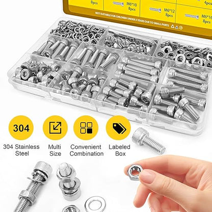 172pcs M6 Screws Assortment kit, M6x8/10/12/16/20/25/30/35 mm Hex Socket Head Bolts Assorted Kit, 304 Stainless Steel Screw Set with Nuts, Flat & Lock Washers