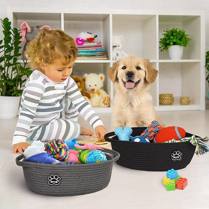 Small Dog Toy Basket, Soft Cotton Rope Dog Cat Toy Bin, Woven Storage Holder for Living Room Nursery, Cats Pet Gift Basket Empty, Decorative Wicker Storage Box with Handle, 13"x 9"x 5" (Grey)