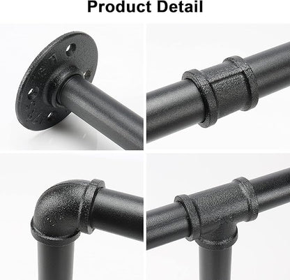 Industrial Iron Pipe Clothes Hanging Bar DIY Wall-Mounted Garment Rack Heavy Duty Clothing Rack for Bedroom, Laundry Room, Closet Storage (Black 50 inch)