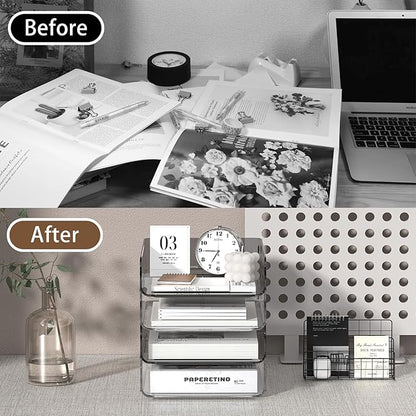 Acrylic Paper Tray Organizer for Desk, Clear & Brown Stackable Letter Tray, 4-Tier Paper File Organizer, Office Desk Accessories for Document Organization
