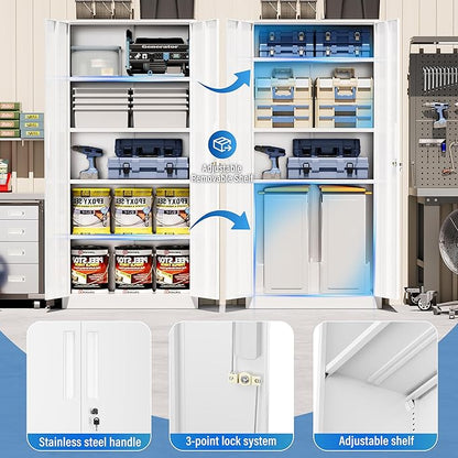 Greenvelly White Metal Storage Cabinet, 72" Locking Storage Cabinets with Doors and 4 Shelves, Tall Tool Storage Cabinet for Garage, Steel Lockable File Cabinet Metal Locker for Home Office, Classroom