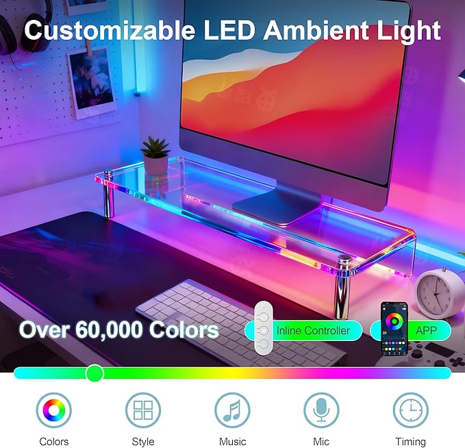 Acrylic Monitor Stand with RGB Lights, Music Sync Desk Riser with App & Button Control, Office Desktop Organizer for Gaming Setup and Home Office, Computer, Laptop, Printer, 23.6 Inch