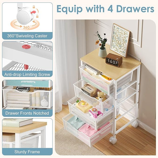 Utility Cart with 4 Drawers, Rolling Storage Cart, Metal Rolling Drawer Cart with Lockable Wheels and Wooden Tabletop, Craft Storage Art Cart for Living Room, Bedroom, Classroom, Office, White